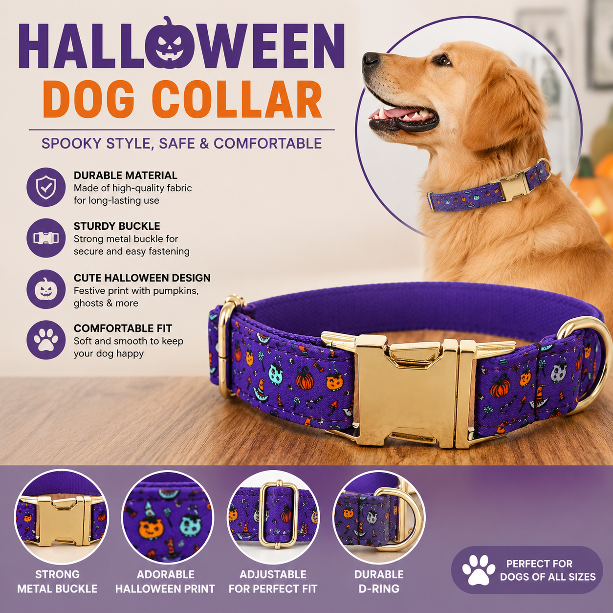 Purple Halloween Print Dog Collar for Pets